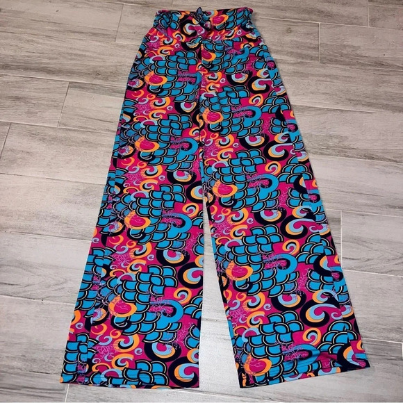 Tracy Negoshian Pants - Tracy Negoshian Pink and Blue Abstract Wide Leg Boho Pants, Women’s Size XS